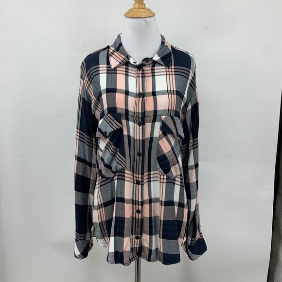 Sanctuary Shirt Womens S Small Navy Pink Chevron Plaid Snap Button Boyfriend - Picture 2 of 12